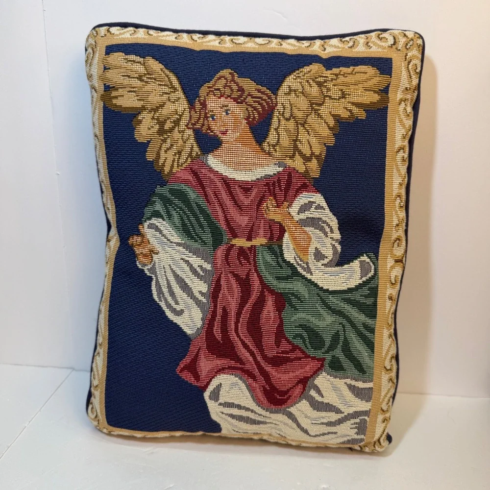 Vintage Angel Tapestry Throw Pillow Navy Blue Woven Needlepoint Celestial Decor